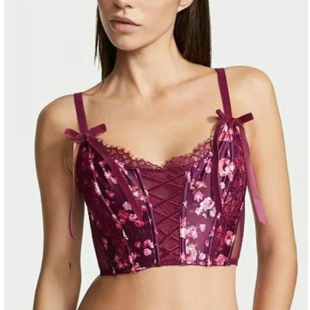 Victorias Secret Corset Bra Top Peony Trellis Floral Bows Maroon Red Size Medium